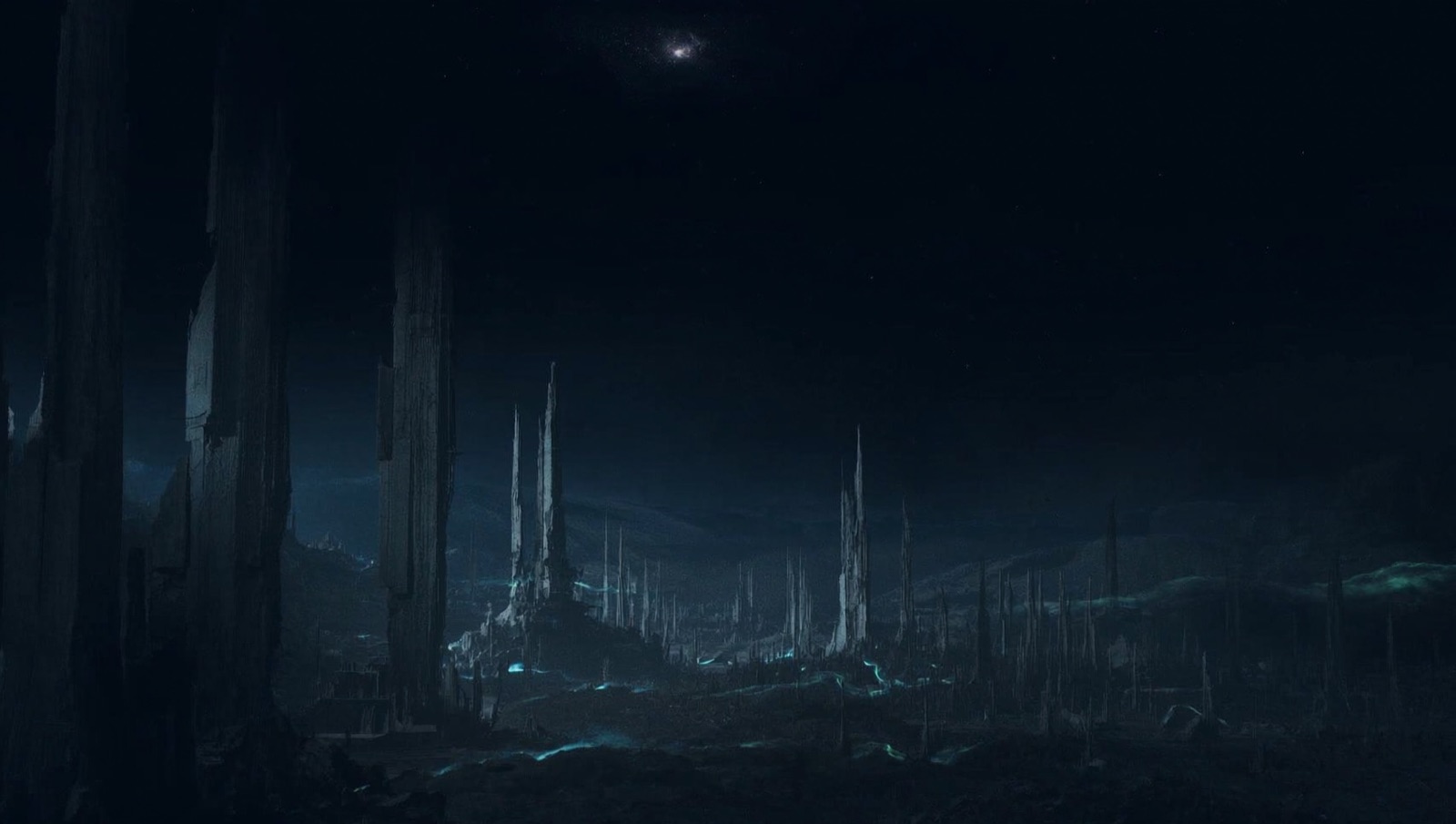 A galaxy seen through the ruined spires of a fallen alien city