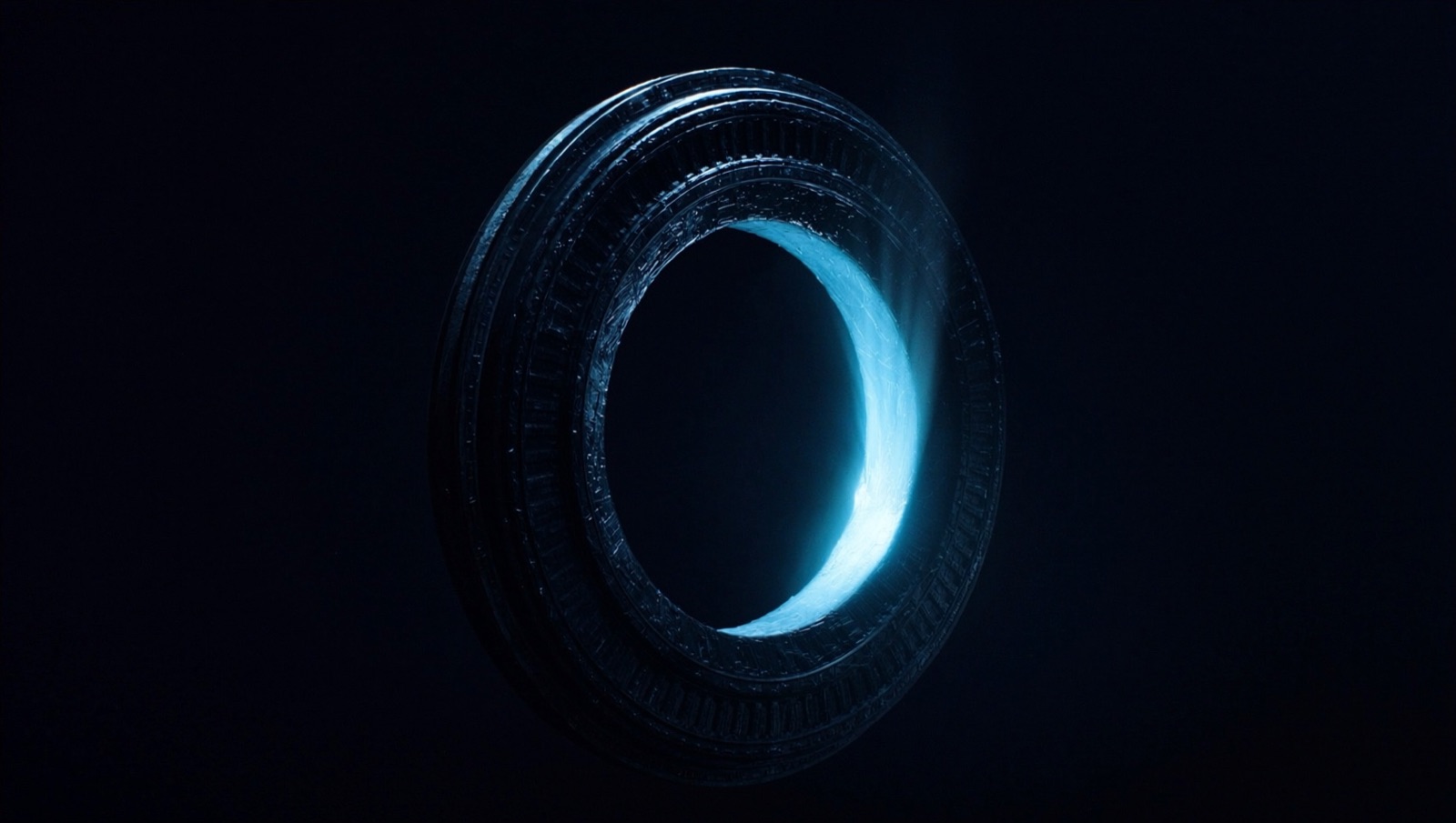 A colossal gate ring glowing over the void, a small ship approaching